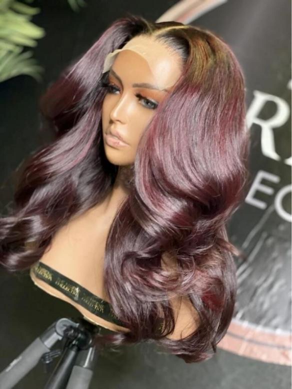Custom Color-Bombshell Red Wine Ombre Human Hair Wig With Wand Curls ...