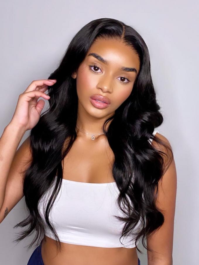 Middle part long straight human hair lace front wig with wand curls ...