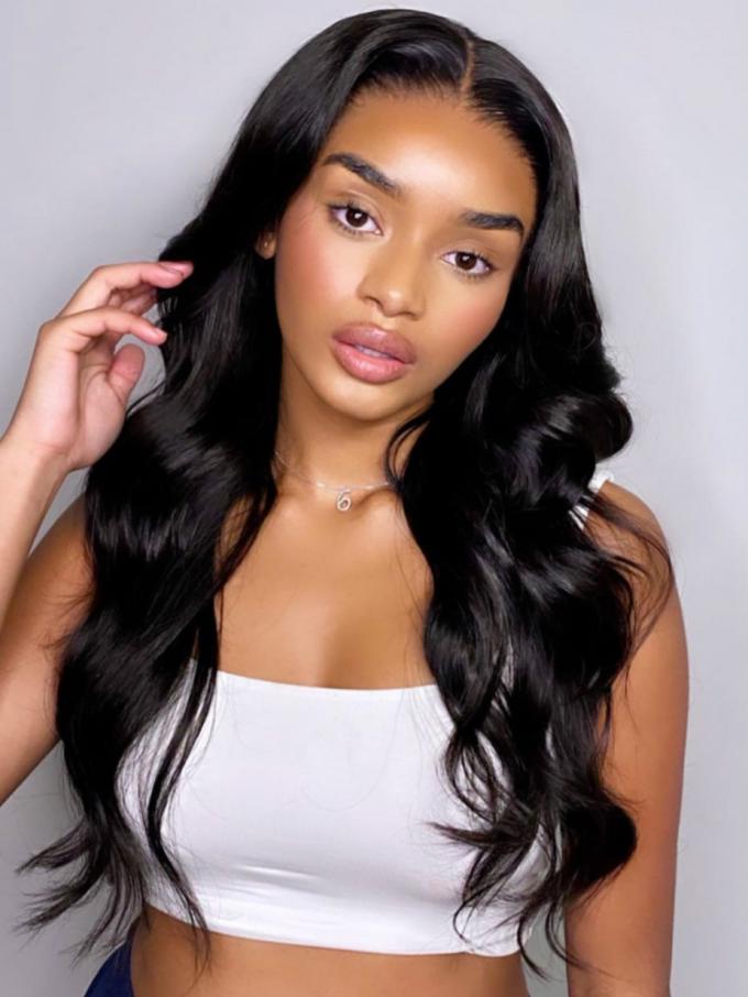 Middle part long straight human hair lace front wig with wand curls ...